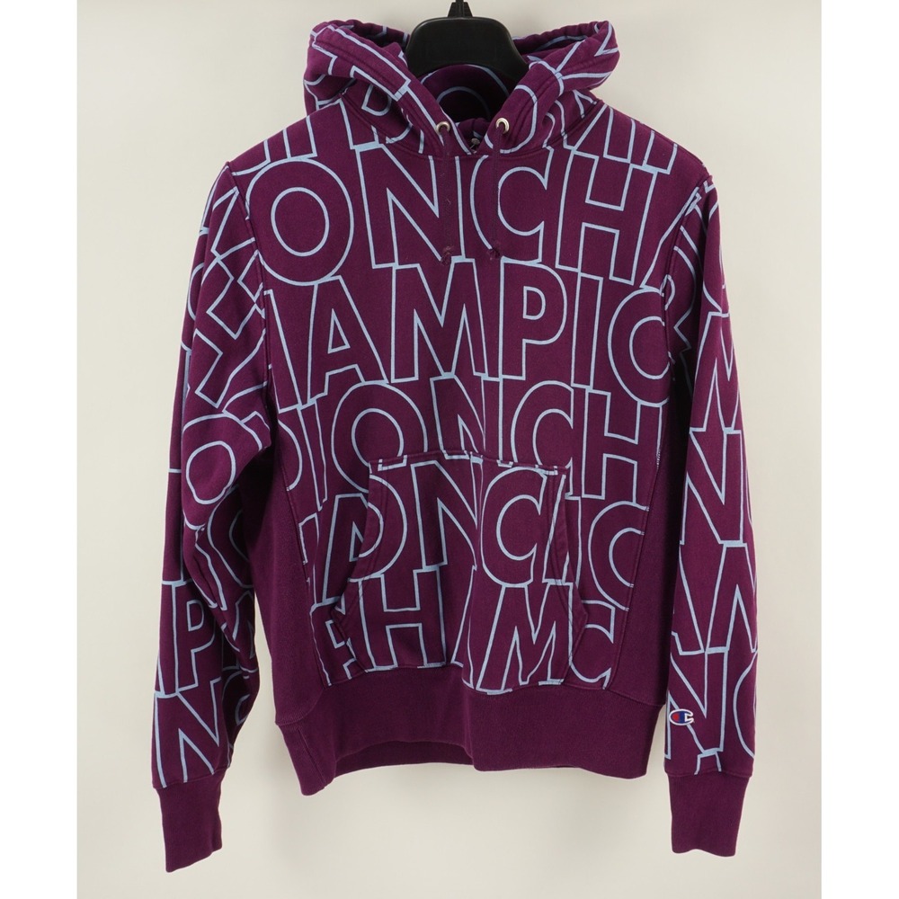 Champion Reverse Weave All Over Print Pullover‎ Hoodie Men's Medium Purple Blue